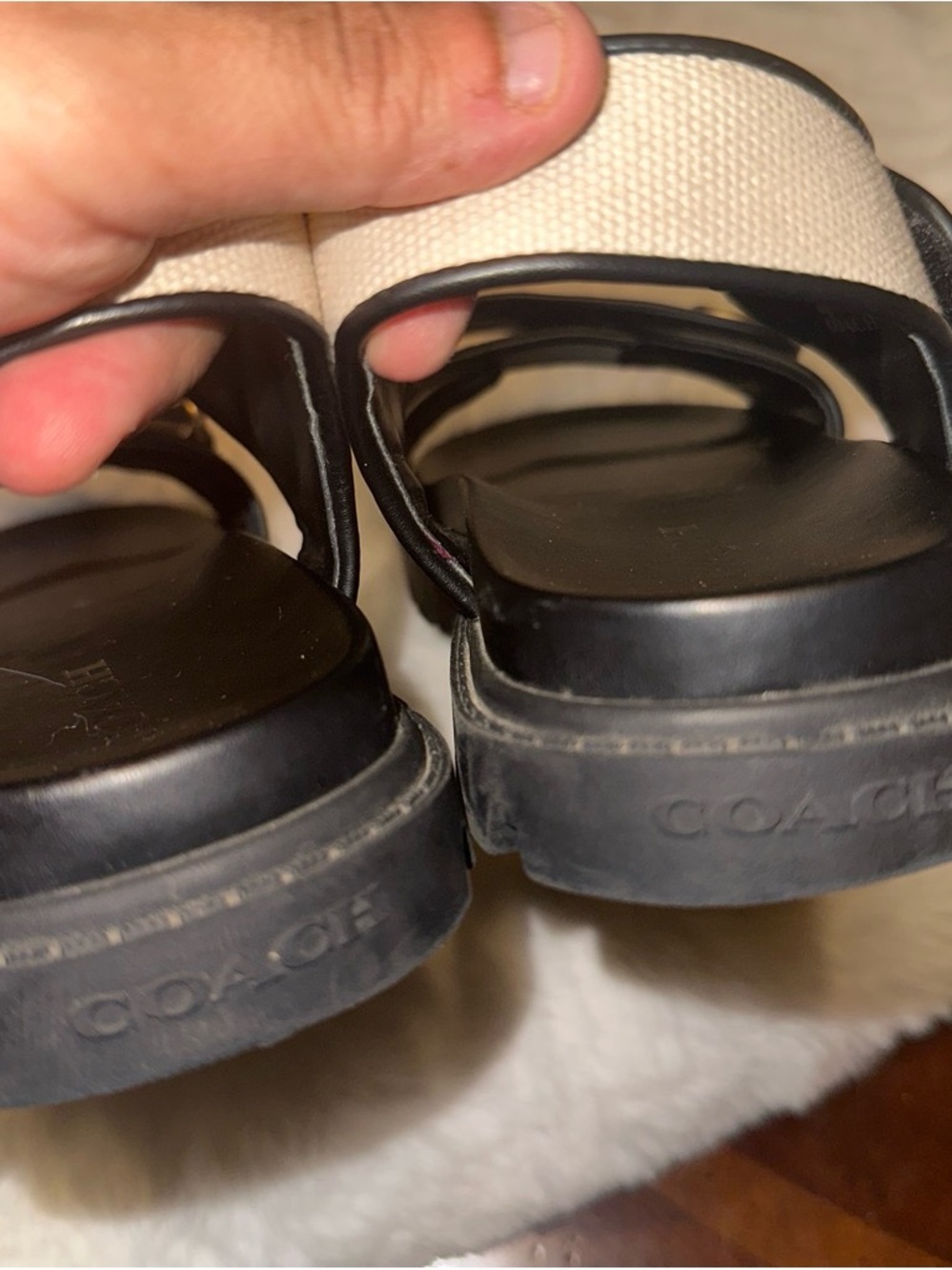 Coach Beige Canvas and Black Leather Strap Sandals with Gold Hardware - Picture 9 of 10